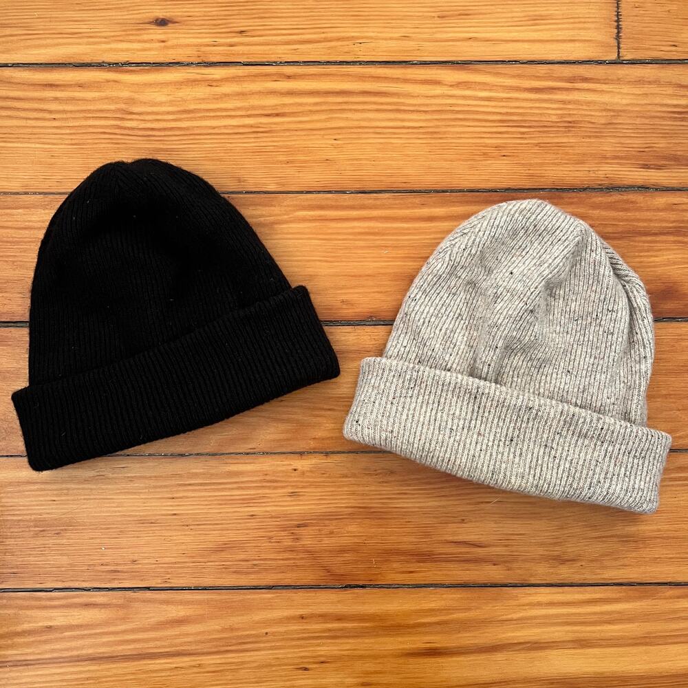 Madewell Merino Wool Ribbed Beanie Winter Hat Bundle Black Oatmeal Tan